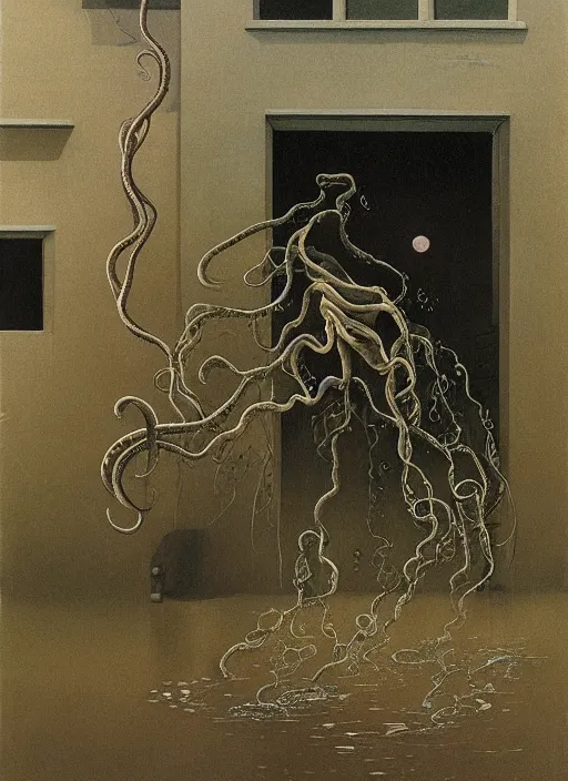 Image similar to tentacles reaching from underwater in transparent plastic bags, paper bags in hands and over the head, on flooded street Edward Hopper and James Gilleard, Zdzislaw Beksinski, highly detailed