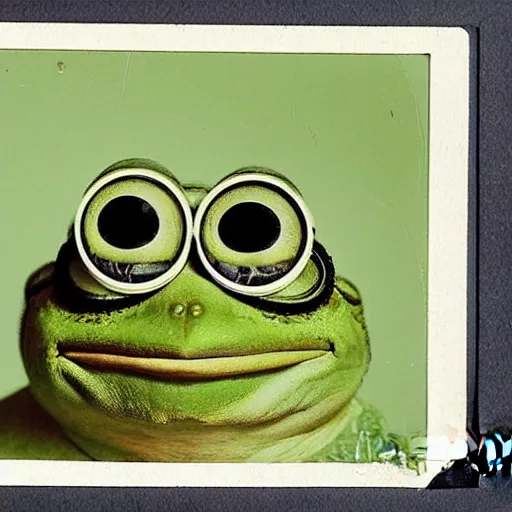 Prompt: pepe the frog, realistic old photograph, polaroid