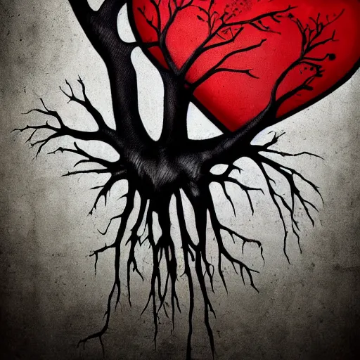 Prompt: graffiti of a dripping anatomical heart with roots growing above it, sadness, dark ambiance, concept by godfrey blow, banksy, featured on deviantart, sots art, lyco art, artwork, photoillustration, poster art