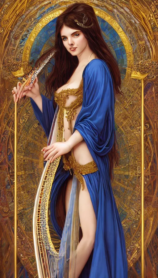 Prompt: harpist madison calley as a sorceress, passionate, seductive, sweaty, intricate dressed in ornate blue robes and staff, lovely, intricate, highly detailed, digital painting, artstation, concept art, karma sutra, smooth, sharp focus, illustration, unreal engine 5, 8 k, art by artgerm and greg rutkowski and alphonse mucha