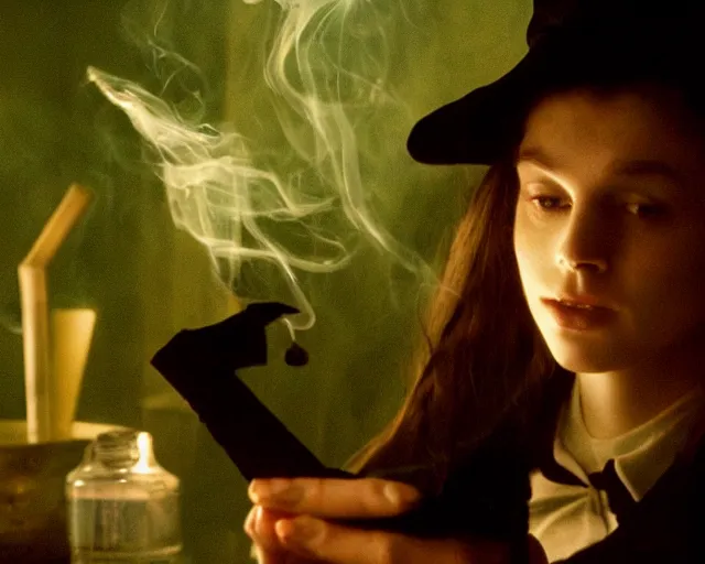 Image similar to close up portrait, dramatic lighting, concentration, calm confident teen witch and her cat mixing a spell in a cauldron, a little smoke fills the air, a witch hat and cape, a little green smoke is coming out of the cauldron, ingredients on the table, apothecary shelves in the background, still from harry potter