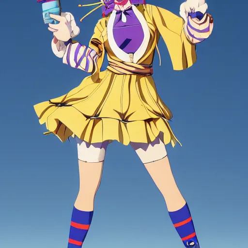 Image similar to a clown girl, anime character design key visual, Official media from Jojo's Bizarre Adventure, sharp, 4k HD, full body