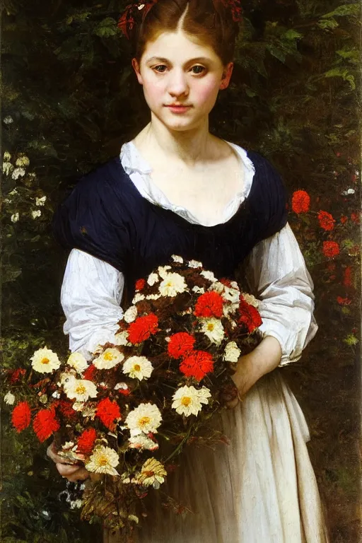 Image similar to Richard Schmid and caravaggio full length portrait painting of a young beautiful edwardian girl hold a large bouquet of flowers standing in a cottage garden