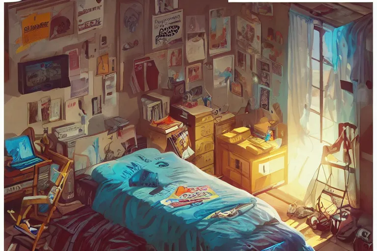 Image similar to a room of an american teen, graffiti and posters on the wall, bed, guitar, bright, the sun shines in, warm, cozy, isometric art, bright, artstation, highly detailed, cinematic lighting + masterpiece