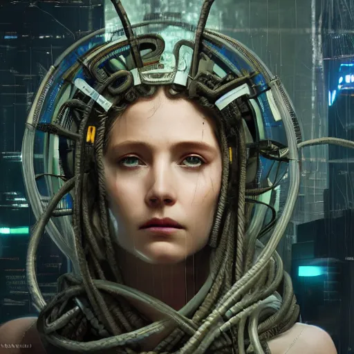 Prompt: portrait of Medusa with vr headset, cyberpunk, thick cables on the head, futuristic hi-tech details, ominous, intricate, art by anthony macbain + greg rutkowski + alphonse mucha, concept art, 4k, sharp focus, cinematic unreal engine