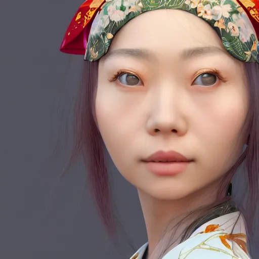 Image similar to centered portrait of a slight happy 3 d beautiful japanese girl in kimono, hyperdetailed, digital painting, trending on artstation, cel - shading style, cg society, hyperdetailed, digital painting, hypermaximalist, golden ratio, volumetric, octane render, weta digital, micro details, 3 d sculpture