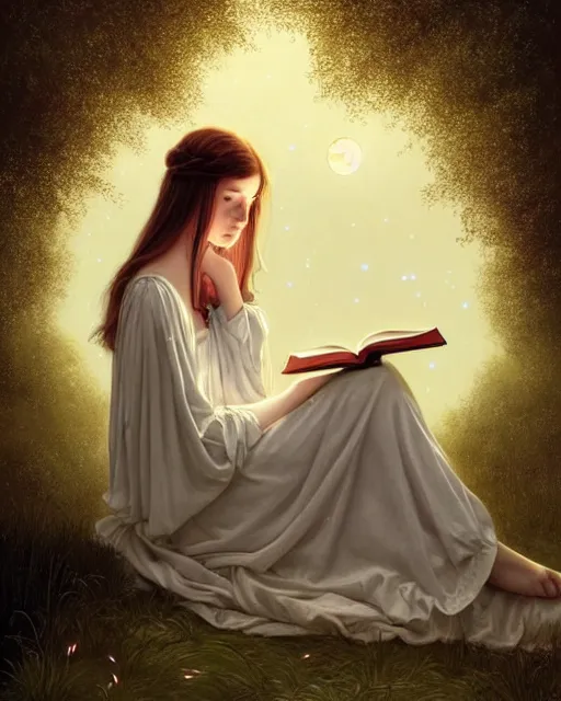 Image similar to girl in white nightgown reading a book by the river, a full moon on the horizon, dark starry sky, dreamy fantasy ambience with golden orbs and fireflies, detailed gothic illustration bright moon light, by edmund blair leighton, brom, charlie bowater, trending on artstation, faces by tom bagshaw, otto schmidt