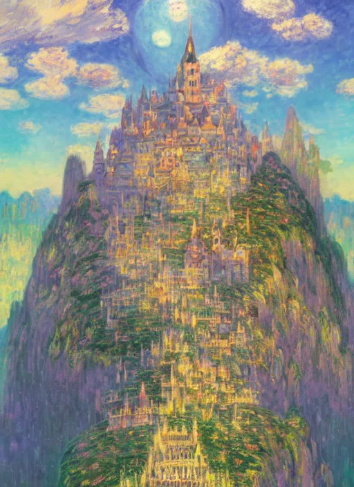 Image similar to retro - futurism anime castle on a mountain in clouds with lots of details look from above rule of thirds golden ratio, fake detail, trending pixiv fanbox, acrylic palette knife, artwork by claude monet