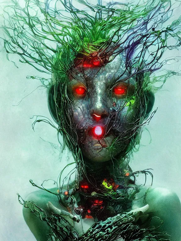Prompt: ( underwater ) middle length portrait of a living goo on a ( cyborg leshy girl with glowing veins ), cinematic light, looking to the side off camera, backlight glow, green bright red, mist, by mikhail vrubel, by philippe druillet, by peter elson, by gerald brom, muted colors, extreme detail, trending on artstation, 8 k