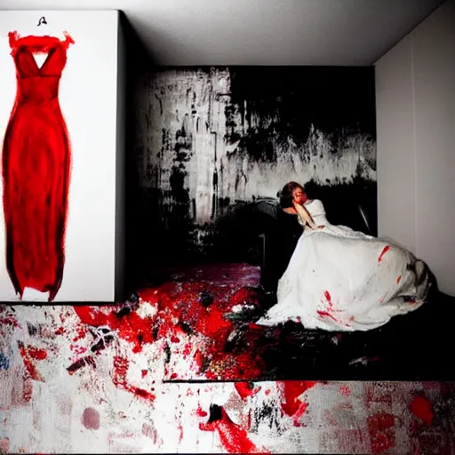 Prompt: a messy painting of a bedroom floor with a wedding dress discarded in a heap and a suit on the floor. Red, black and white Color scheme.