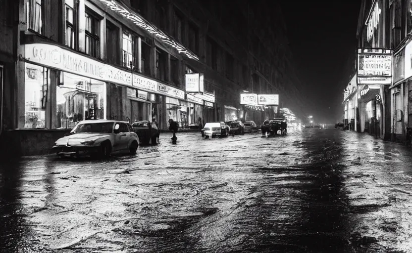 Image similar to high quality movie still of a soviet street yougoslavian street with few pedstrian , Cinestill 800t 18mm black and white heavy grain, very detailed, precise, HD, rain, mud, foggy, neon billboard