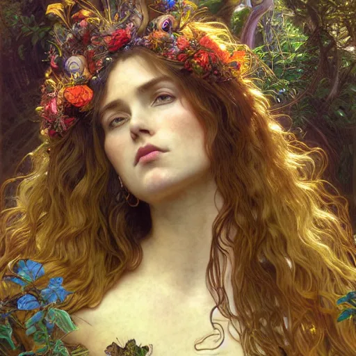 Image similar to face portrait of a beautiful alluring female nature spirit goddess in a dense forest at sunset, detailed, centered, digital painting, artstation, concept art, donato giancola, Dante Gabriel Rossetti, alphonse mucha, Joseph Farquharson, Joseph Christian Leyendecker, WLOP, Boris Vallejo, Breathtaking, 8k resolution, extremely detailed, beautiful, establishing shot, artistic, hyperrealistic, beautiful face, octane render