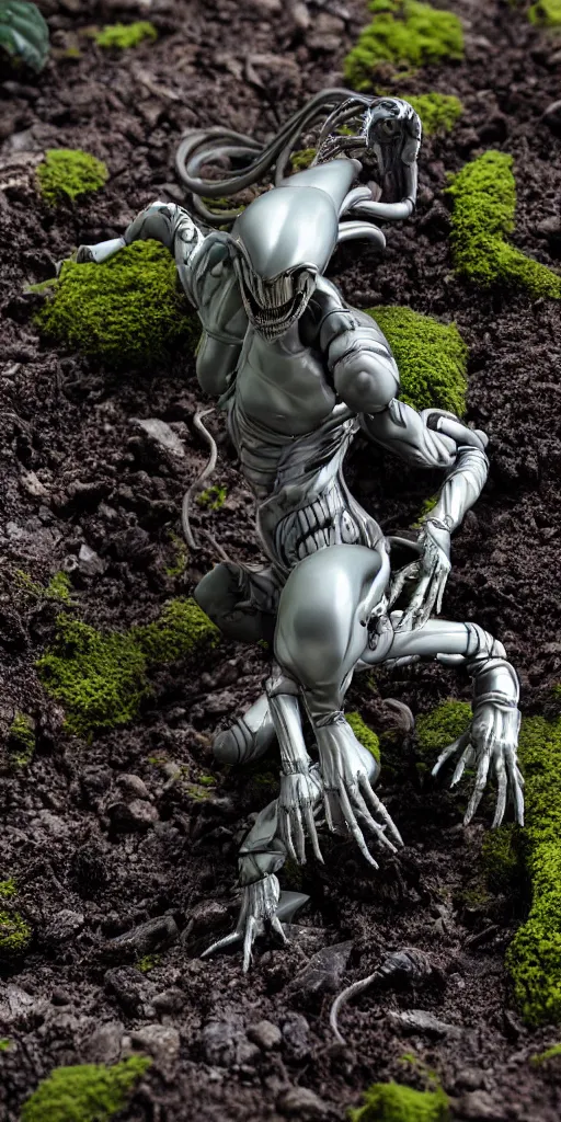 Image similar to bootleg figure of a plastic platinum xenomorph diorama crushed on the ground surrounded of dirt and moss secondhand, dramatic airbrush stormcloud, mcfarlane, figma, cursed photography, middle view