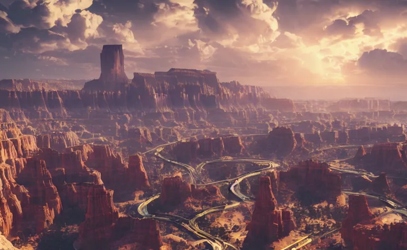 Prompt: a futuristic utopian metropolitan city on an alien planet with many shiny buildings and spires that sits at the edge of a beautiful canyon cliff side like the grand canyon or bryce canyon, sharp details, photorealistic, octane render, golden hour, cinematic lighting, dramatic clouds, immense scale