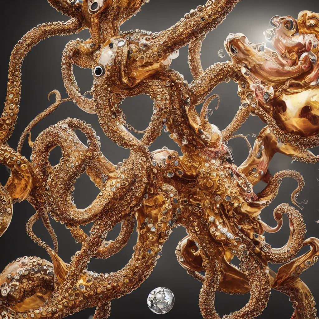 Image similar to a high-resolution color-chrome extreme closeup portrait photo of a octopus fighting a incredible elegant pale renaissance rococo Queen, with ornate jewelled, rococo Queen, sci-fi, high-tech, beautiful low light, style Steve McCurry Octane render 8k