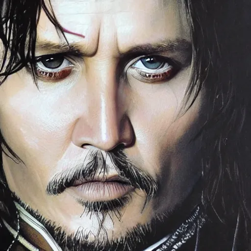 Image similar to symmetry!! portrait of johnny depp starring in the lord of the rings as aragorn, detailed - face!!, artstation, intricate, elegant, highly detailed, film still, nikon, canon eos, zeiss lens, dramatic lighting, sharp - focus!!, art by artgerm and greg rutkowski and alphonso mucha, smooth