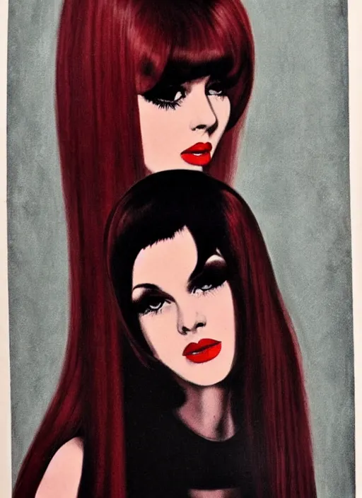 Image similar to portrait 1 9 6 0 s beautiful mod girl, long straight 6 0 s hair with bangs, wearing velvet, vampire, glam, groovy, by brom