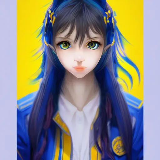 Image similar to a portrait of anime ukrainian blue and yellow girl, concept art, trending on artstation, highly detailed, intricate, sharp focus, digital art, 8 k