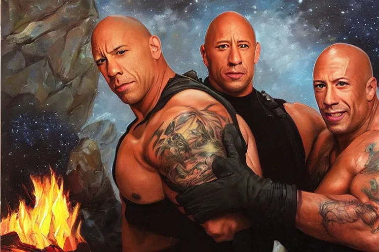 Image similar to portrait of vin diesel and dwayne the rock johnson cuddling next to a fire, an oil painting by ross tran and thomas kincade