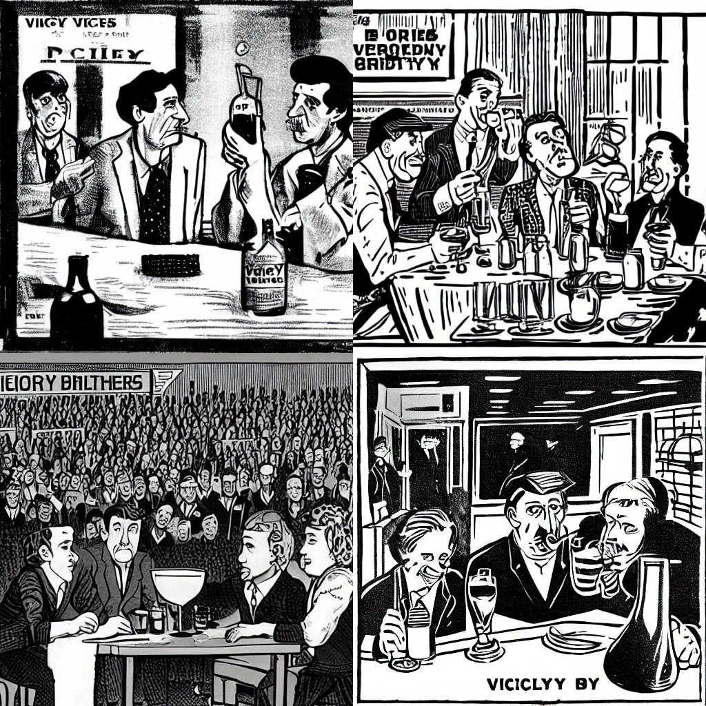 Prompt: Proles drinking Victory Gin in 1984, Big Brother, George Orwell, illustration