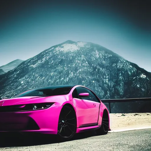 Image similar to modern minimalistic car, professional photography, vaporwave, mountains in the background