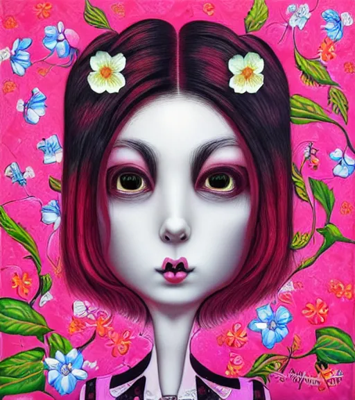 Image similar to portrait of a flowerpunk girl's face, lowbrow painting by mark ryden and hiroyuki mitsume - takahashi