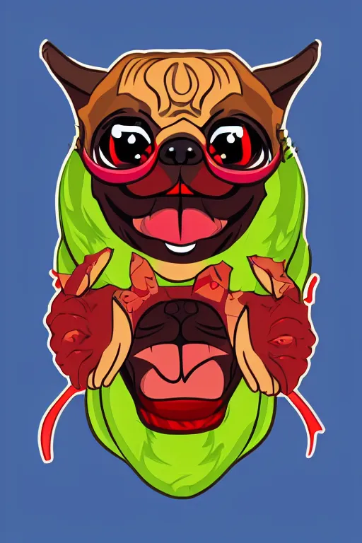 Image similar to Evil pug, the devil, sticker, blood thirsty, blood, evil, colorful, illustration, highly detailed, simple, smooth and clean vector curves, no jagged lines, vector art, smooth