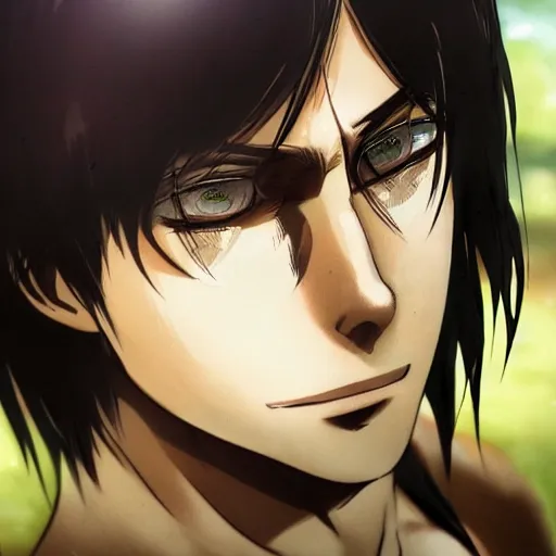 Image similar to photorealistic portrait photograph of real - life eren yeager looking at the camera, shingeki no kyojin, depth of field, soft focus, highly detailed, intricate, realistic, national geographic cover, soft glow, textured skin