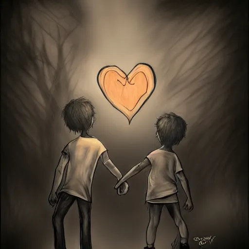 Prompt: teaching, many hearts, friendship, love, sadness, dark ambiance, concept by godfrey blow, featured on deviantart, drawing, sots art, lyco art, artwork, photoillustration, poster art