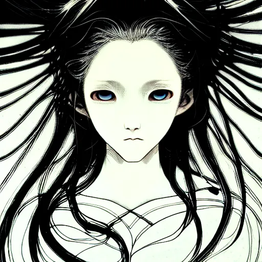 Image similar to Yoshitaka Amano blurred and dreamy illustration of an anime girl with wavy white hair and cracks on her face wearing Elden ring armour with the cape fluttering in the wind, abstract black and white patterns on the background, noisy film grain effect, highly detailed, Renaissance oil painting, weird portrait angle