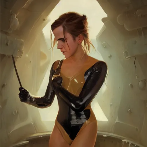 Prompt: highly detailed painting of emma watson wearing a latex suit, stephen bliss, 8 k, by greg rutkowski, loish, rhads, artgerm, ferdinand knab, makoto shinkai and lois van baarle, ilya kuvshinov, rossdraws, global illumination, radiant light, detailed and intricate environment