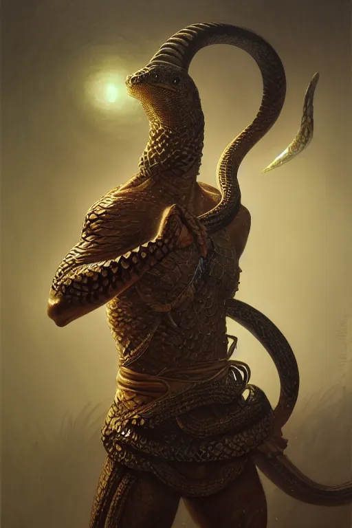 Prompt: a anthropomorphic snake warrior, diffuse lighting, fantasy, intricate, elegant, highly detailed, lifelike, photorealistic, digital painting, artstation, illustration, concept art, smooth, sharp focus, naturalism, trending on byron's - muse, by greg rutkowski and greg staples