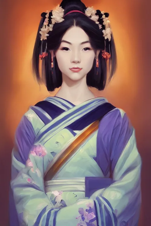 Image similar to Beautiful Geisha Portrait, character portrait art by Mandy Jurgens, 4k portrait, magical mood from japan, cgsociety