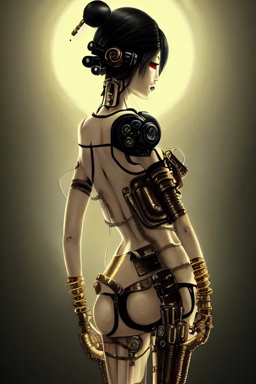 Image similar to soft lustrous ivory ebony geisha yakuza raver gutter punk gothic biotech steampunk cyborg, golden ratio, details, scifi, fantasy, cyberpunk, intricate, decadent, highly detailed, digital painting, octane render, artstation, concept art, smooth, sharp focus, illustration, art by artgerm, loish, wlop