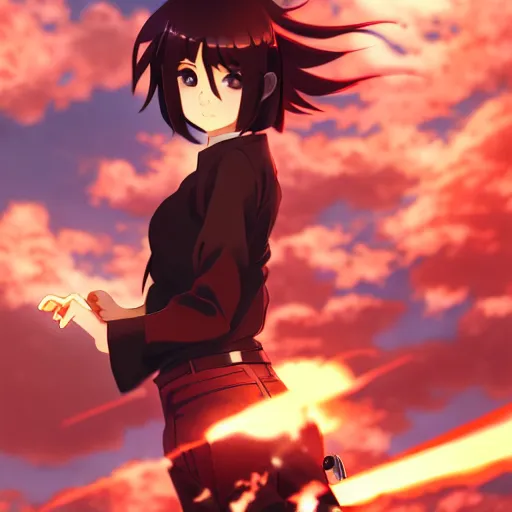 Image similar to makoto shinkai, artgerm, ilya kuvshinov, steampunk beautiful anime woman, red shirt brown pants, black and red hair hair, symmetrical face, symmetrical eyes, second anime woman with orange hair and black pants, action scene, shooting fire war, detailed, summer setting, cinematic lighting