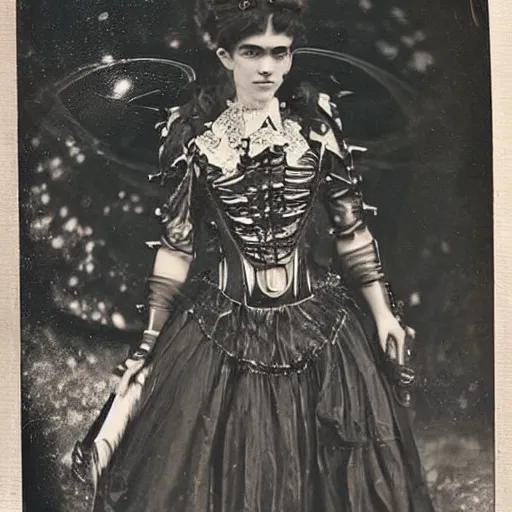 Image similar to recovered victorian photo of grimes as a cosmic steampunk fairy.