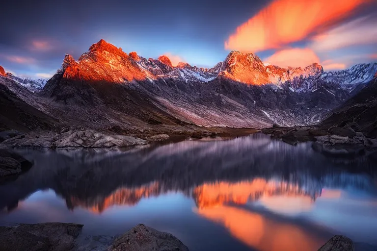 Image similar to amazing landscape photo of mountains with lake in sunset by marc adamus, beautiful, dramatic lighting