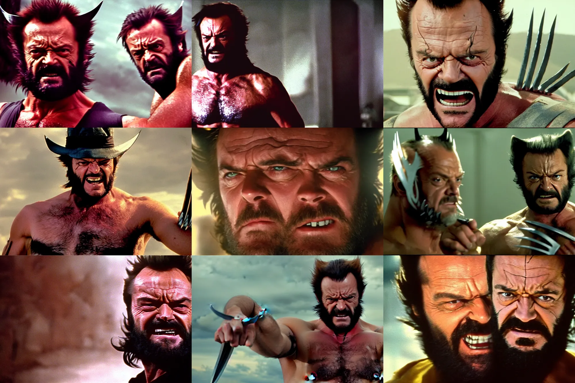 Prompt: film still frame of jack nicholson as wolverine, beard, adamantium, high quality