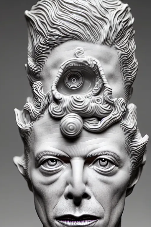 Image similar to David Bowie , A Close up photo-real delicate ceramic porcelain sculpture of a symmetrical ornate detailed in front of an intricate background by Victo Ngai and takato yamamoto, micro detail, backlit lighting, face in focus, subsurface scattering, translucent, thin porcelain, octane renderer, colorful, physically based rendering, japanese pottery, trending on cgsociety