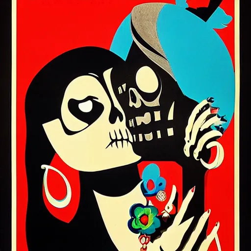 Prompt: a vintage movie poster of a woman in love with 💀 oriental, dark, jewels, by Saul Bass, by Georgia o Keeffe