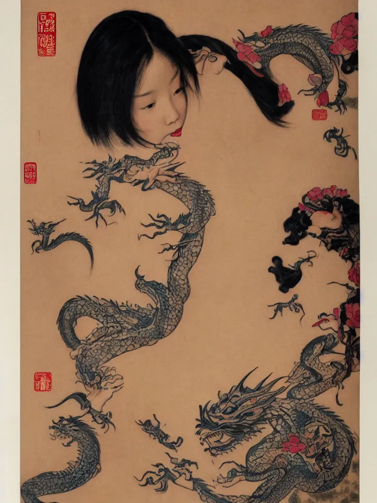 Image similar to a Portrait of a beautiful Chinese girl with a tattoo of a dragon on her back by Norman Rockwell