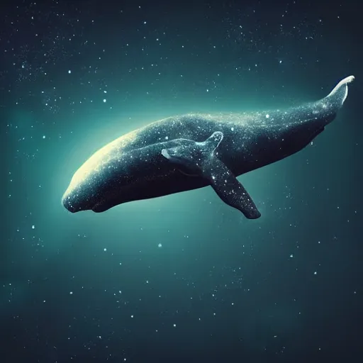 Image similar to portrait of space whale swimming on a dark night sky in space, flying across the universe, oniric, dreamy, beautiful, highly detailed, realistic, cinematic, dynamic composition