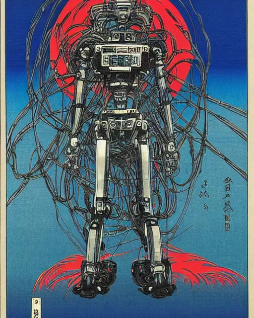 Image similar to Hiroshige portrait of a robot saint made of cables and robotic pod by Marc Silvestri