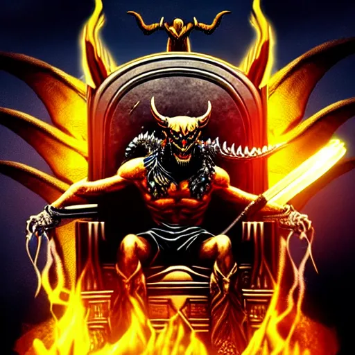 Prompt: demon sitting in his throne holding a golden sword with ravens flying around while the dragon breathes fire