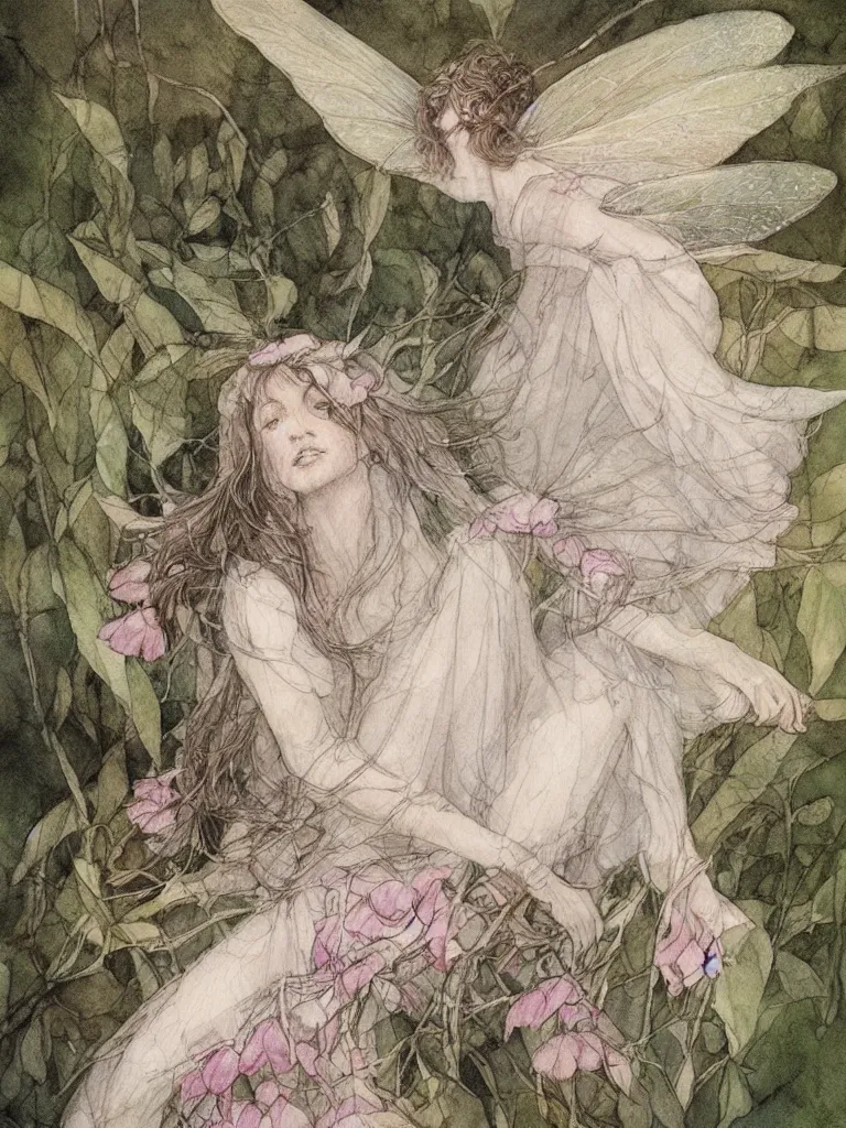 Image similar to study of a flower fairy, illustration, watercolor, alan lee, detailed, pretty, ethereal,