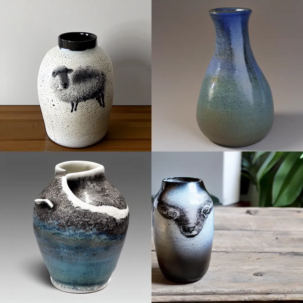 Prompt: raku ceramic vase decorated with electric sheep