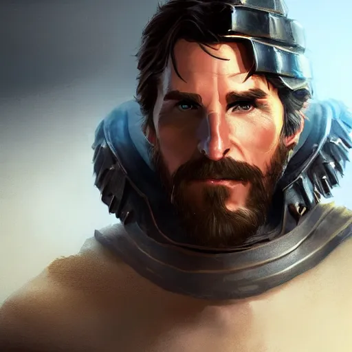 Image similar to Portrait of Christian Bale as a strong human gladiator, perfect facial symettry, mattepainting concept Blizzard pixar maya engine on stylized background splash comics global illumination lighting artstation, jose daniel cabrera pena, rossdraws