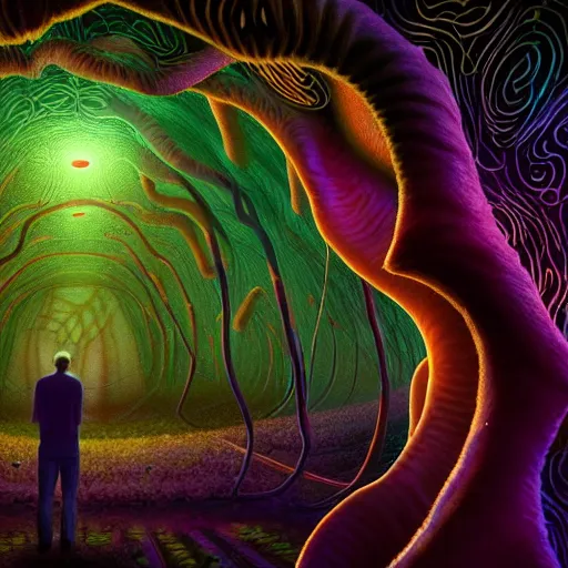 Prompt: a man under psilocybe effect, shocked by hallucination, hallucination of two lovers looking each other, highly detailed, magical, spiral patterns, colorful visuality, cinematic rendered, sharp focus, medium lighting, luminous forest background by concept art, awarded, lovecraft, digitally enhanced, 8 k hd resolution, artstation, high quality image