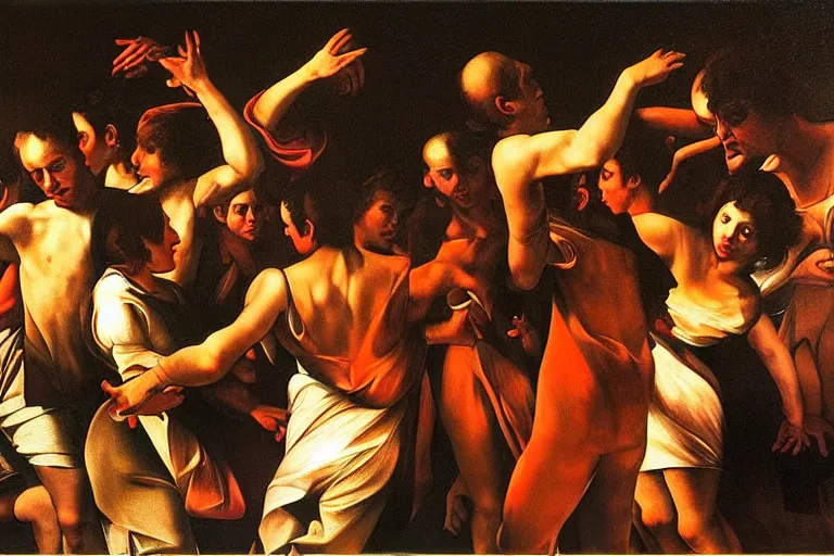 Image similar to painting of people dancing in a club in the 70's by Caravaggio, they're sweating, theynre hot, colored photography, flash photography, close up, 50mm lens