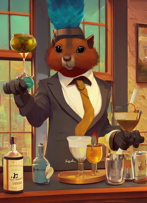 Image similar to squirrel anthro as a dapper bartender with a big, fluffy tail, retro futurism, art deco, detailed painterly digital art style by WLOP and Cory Loftis, 🐿🍸🍋, furaffinity, trending on artstation